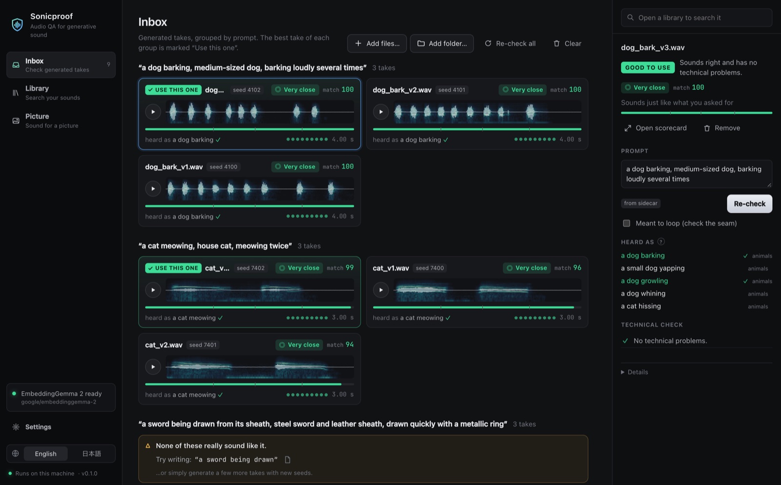 The Sonicproof workbench: generated takes grouped by prompt, the best take of each group marked “Use this one”