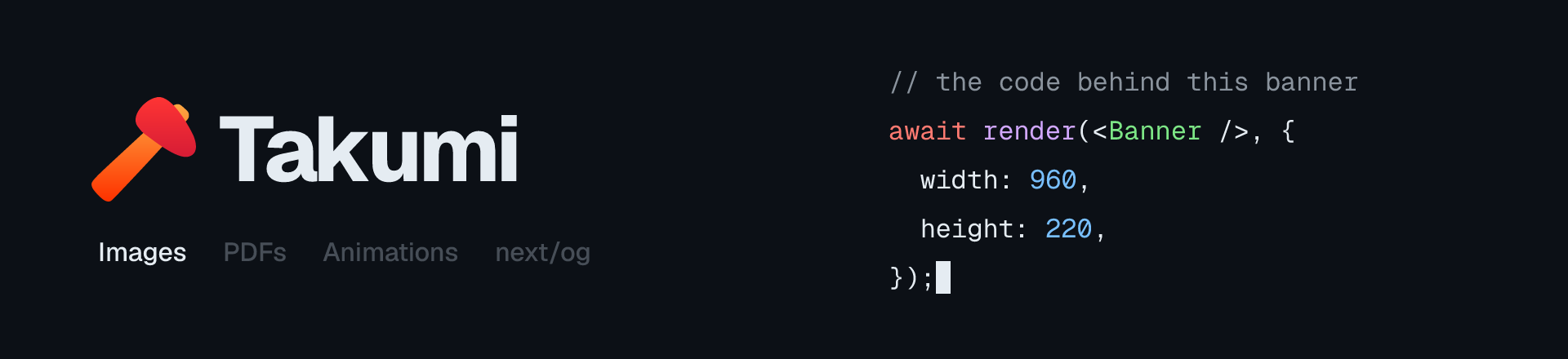 Takumi — images and PDFs from JSX and CSS, no browser. Rendered by Takumi from the JSX shown in the banner.