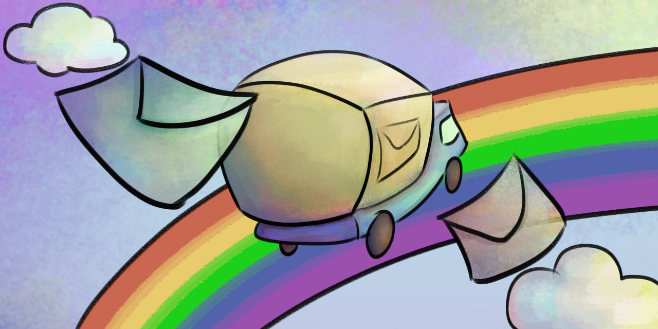 MsgTruck official header image, a truck is running on a rainbow road on the sky