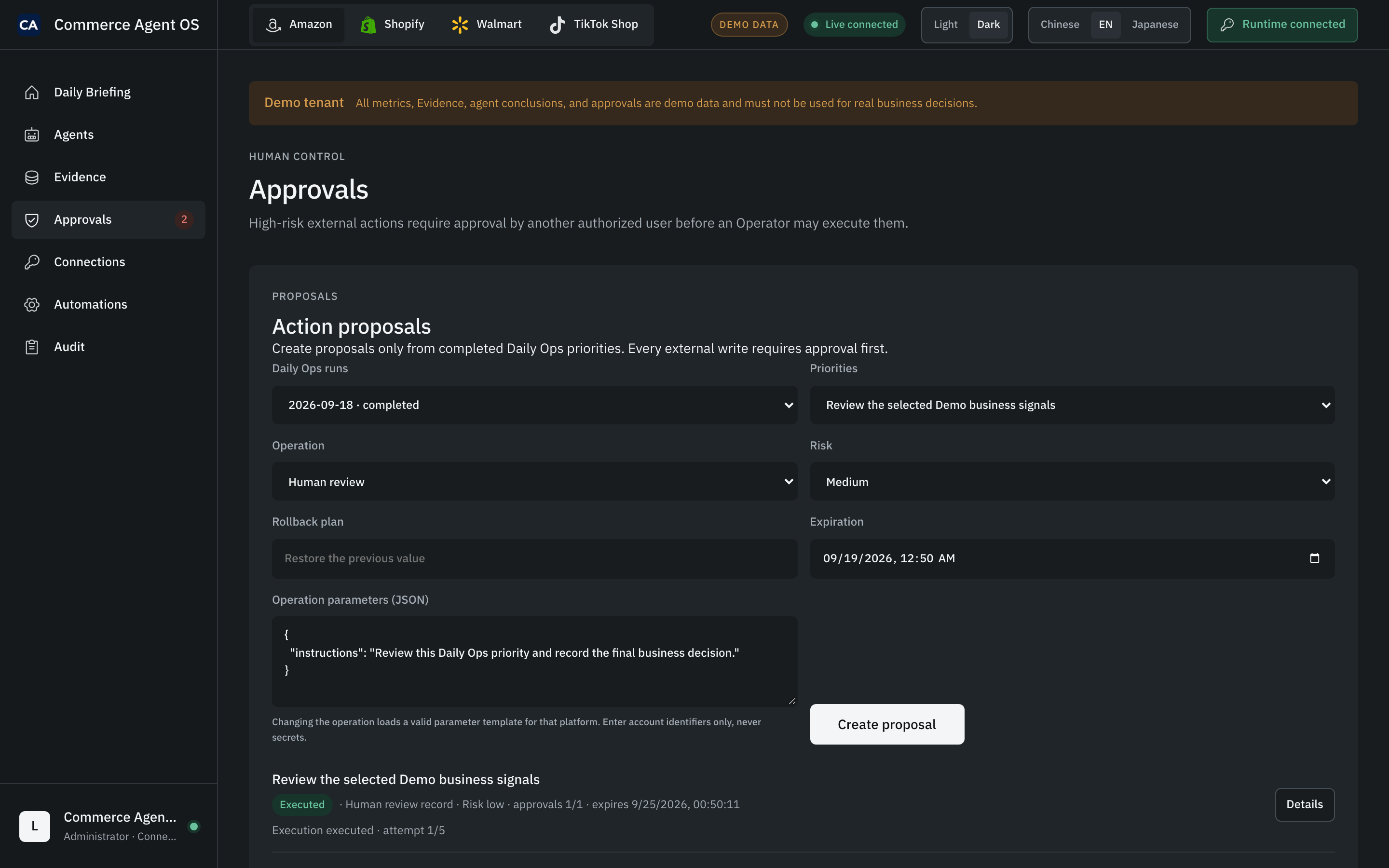 Approvals view: an action proposal form with operation, risk, rollback plan and expiry, and an executed human-review record below it