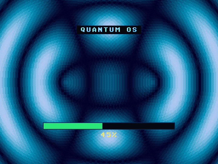 QuantumOS graphical boot: the wave-interference splash animation, then the live 256-oscillator memory field