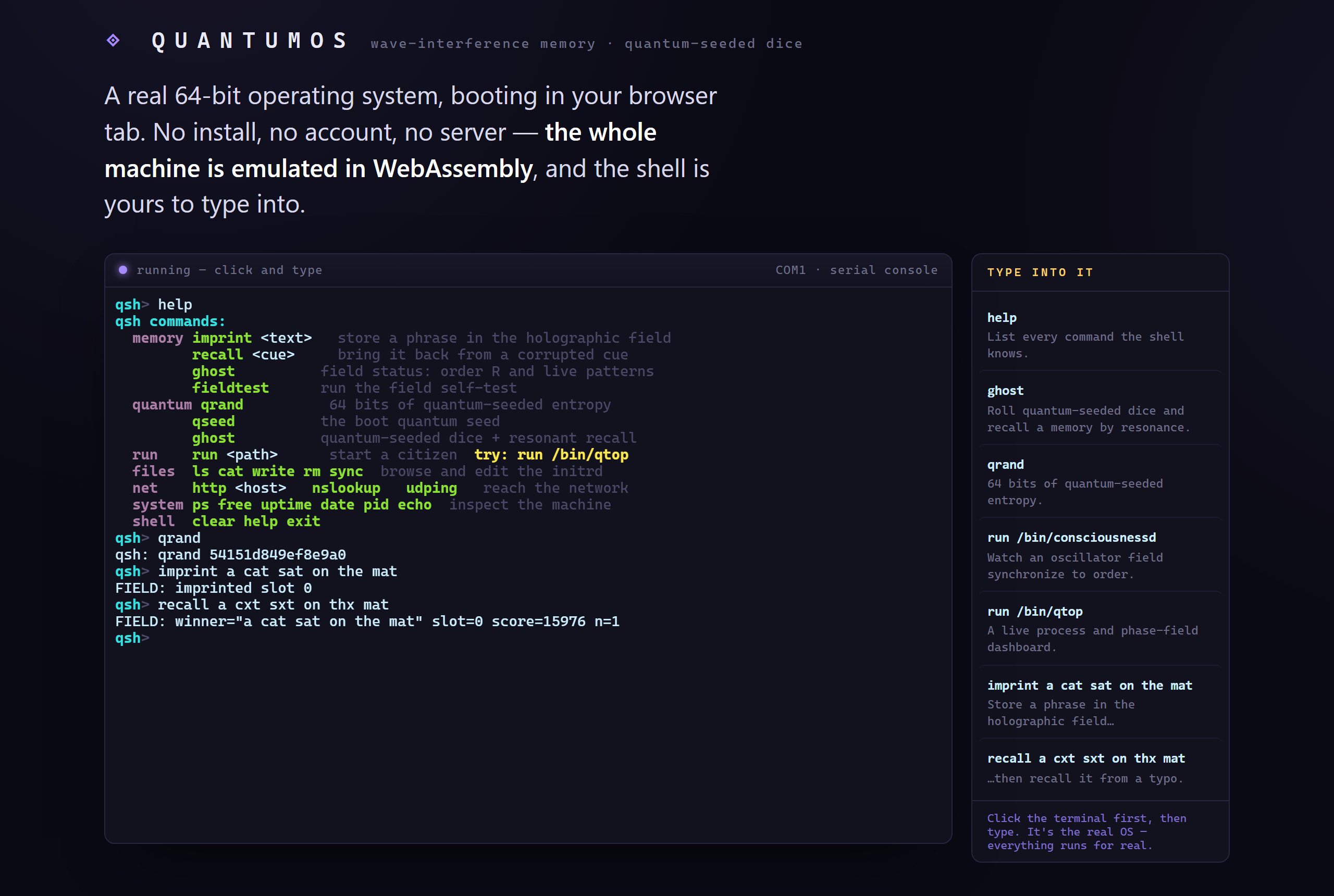 QuantumOS running in the browser: the colourful qsh console, with imprint/recall demonstrating holographic memory recalled from a typo'd cue