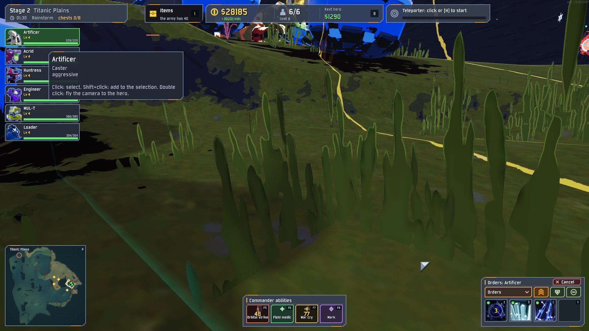 A close, low view of Acrid and the army