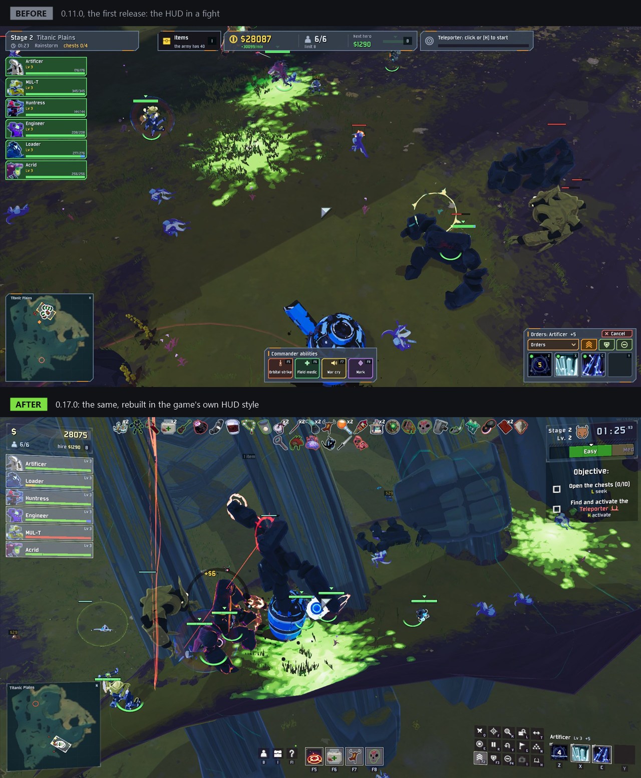Before and after: the HUD in a fight, 0.11.0 against 0.17.0