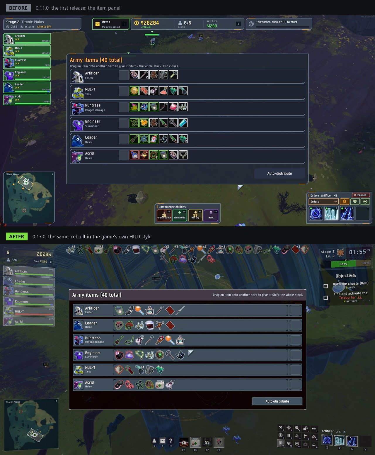 Before and after: the item panel