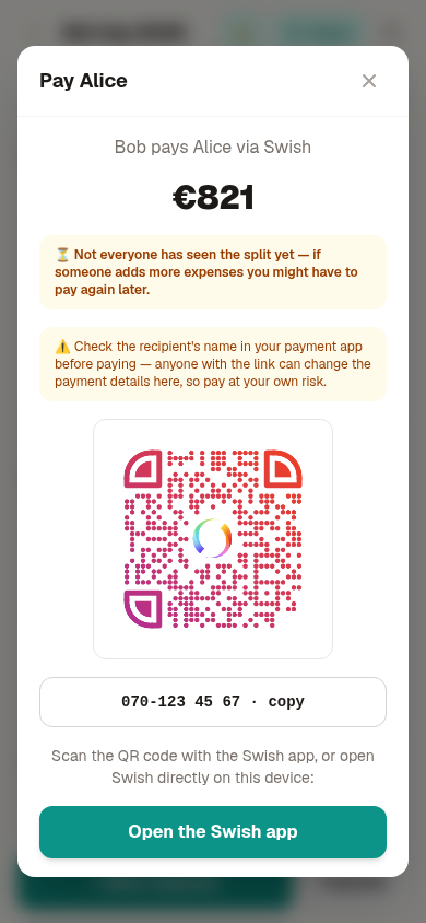Pay dialog: a Swish QR with the exact amount already filled in