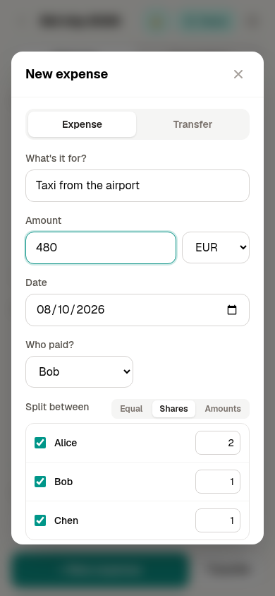 New expense: splitting by shares, a couple counting double