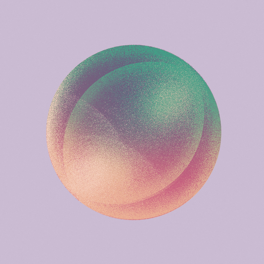 Gradient and grainy color sphere in green and peach against a light periwinkle background