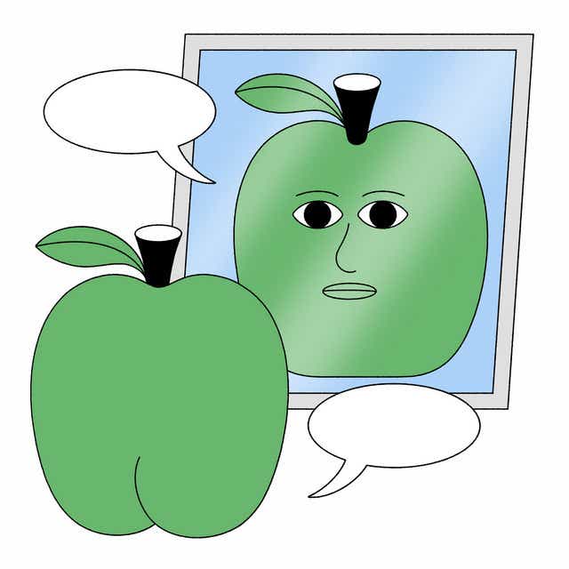 A vector drawing of a green apple facing a mirror with a pensive look. Both actual apple and mirror reflection have empty speech bubbles beside them