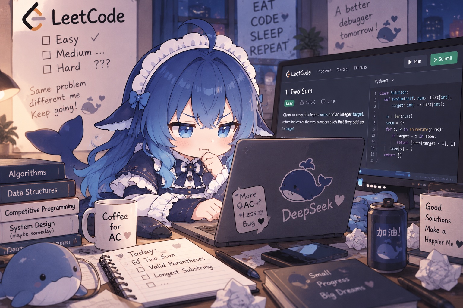 A whale-themed coder solving Two Sum on LeetCode with DeepSeek
