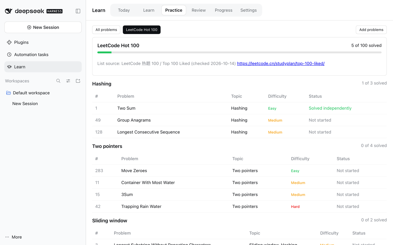 LeetCode Hot 100 in Learn, grouped like LeetCode with progress per group