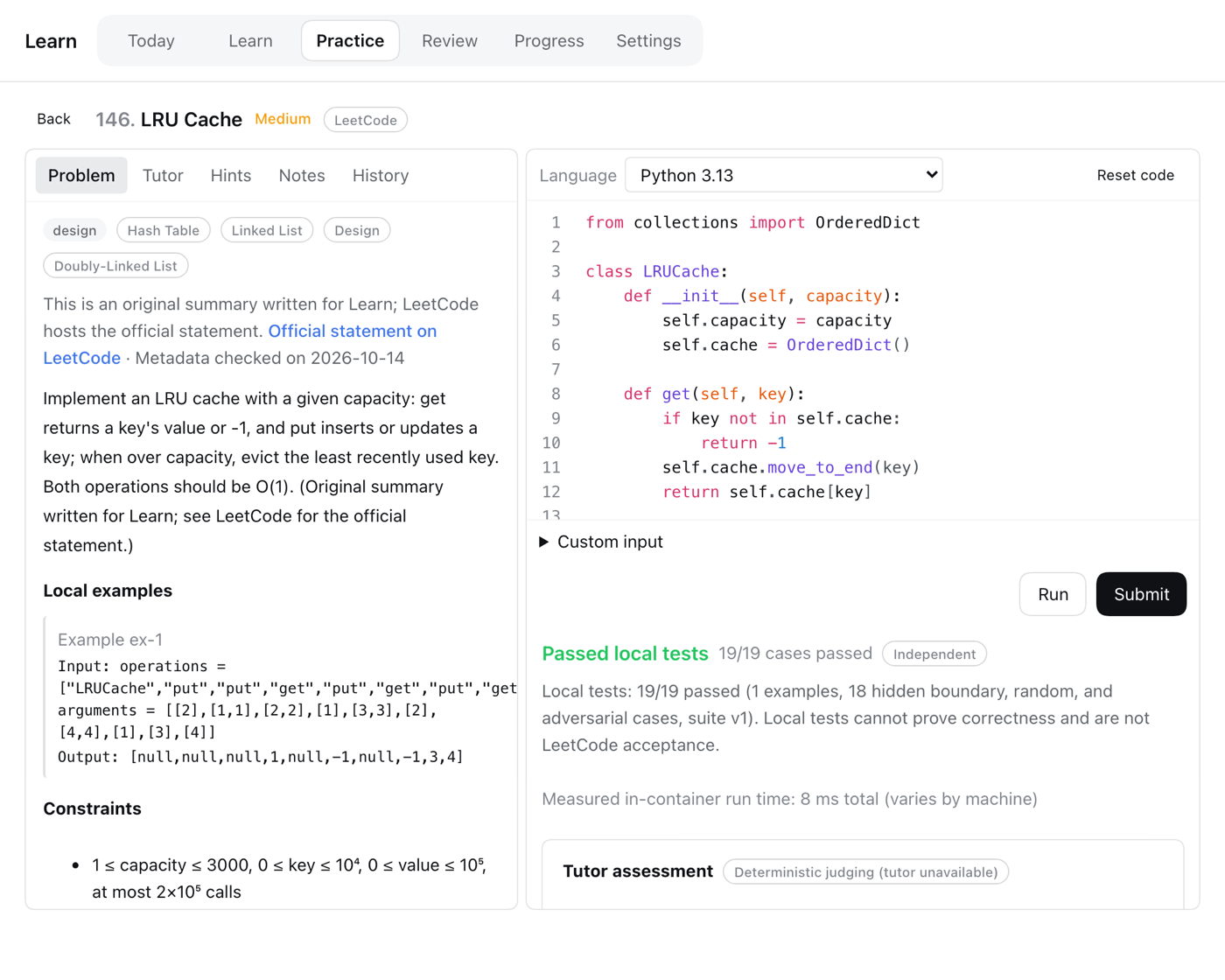 Solving LRU Cache: Python editor and a passed verdict