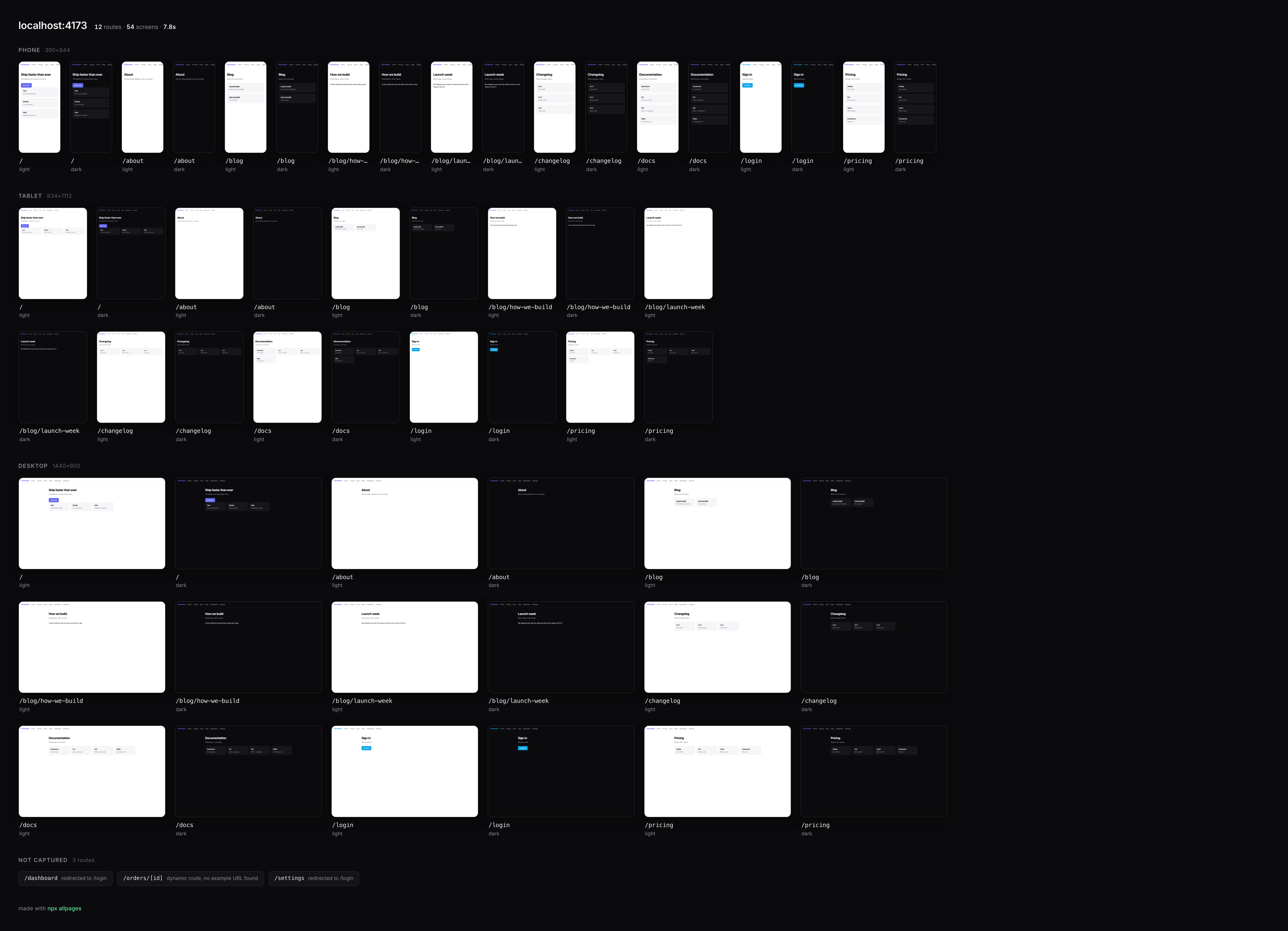 Contact sheet: every page of an app shown as a grid of phone, tablet and desktop screenshots in light and dark