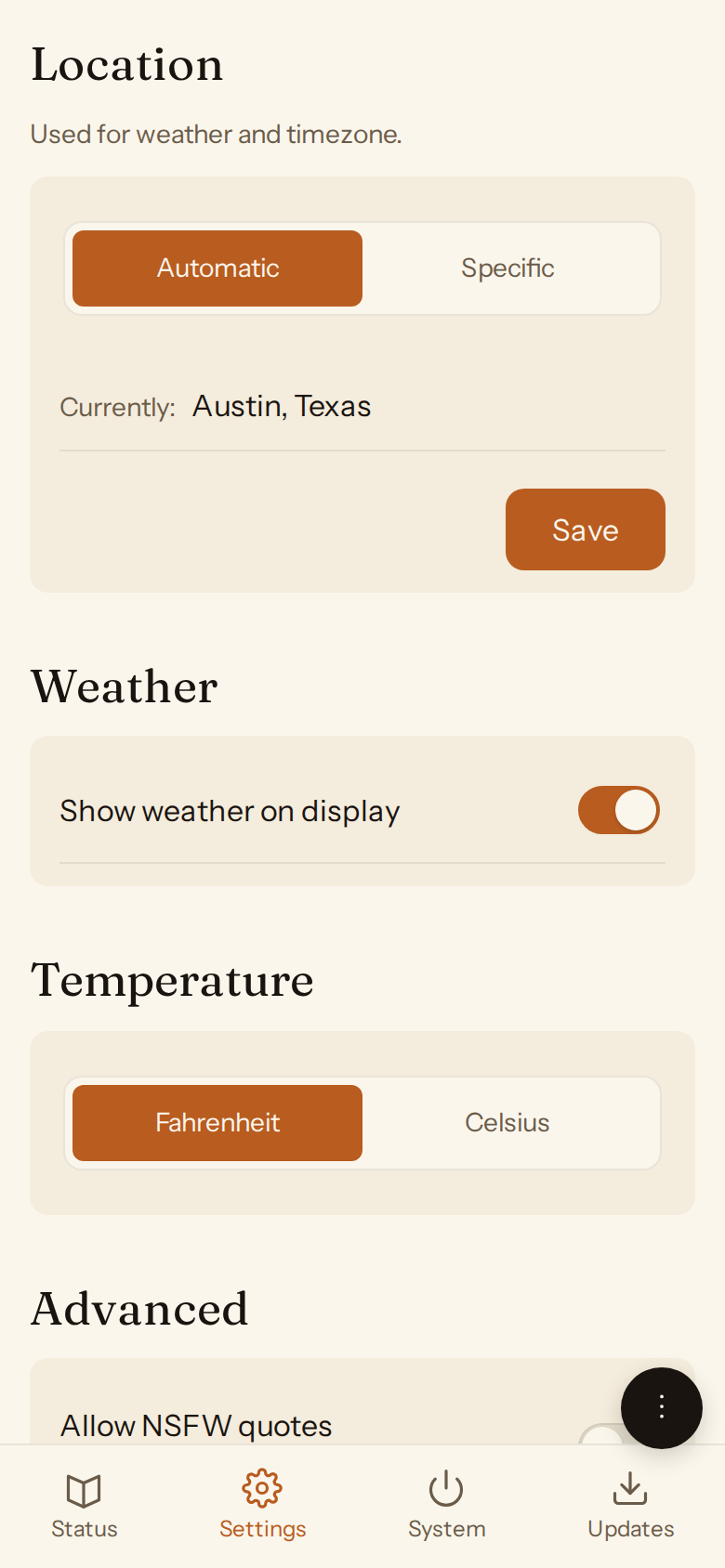 Settings tab — location, weather, temperature
