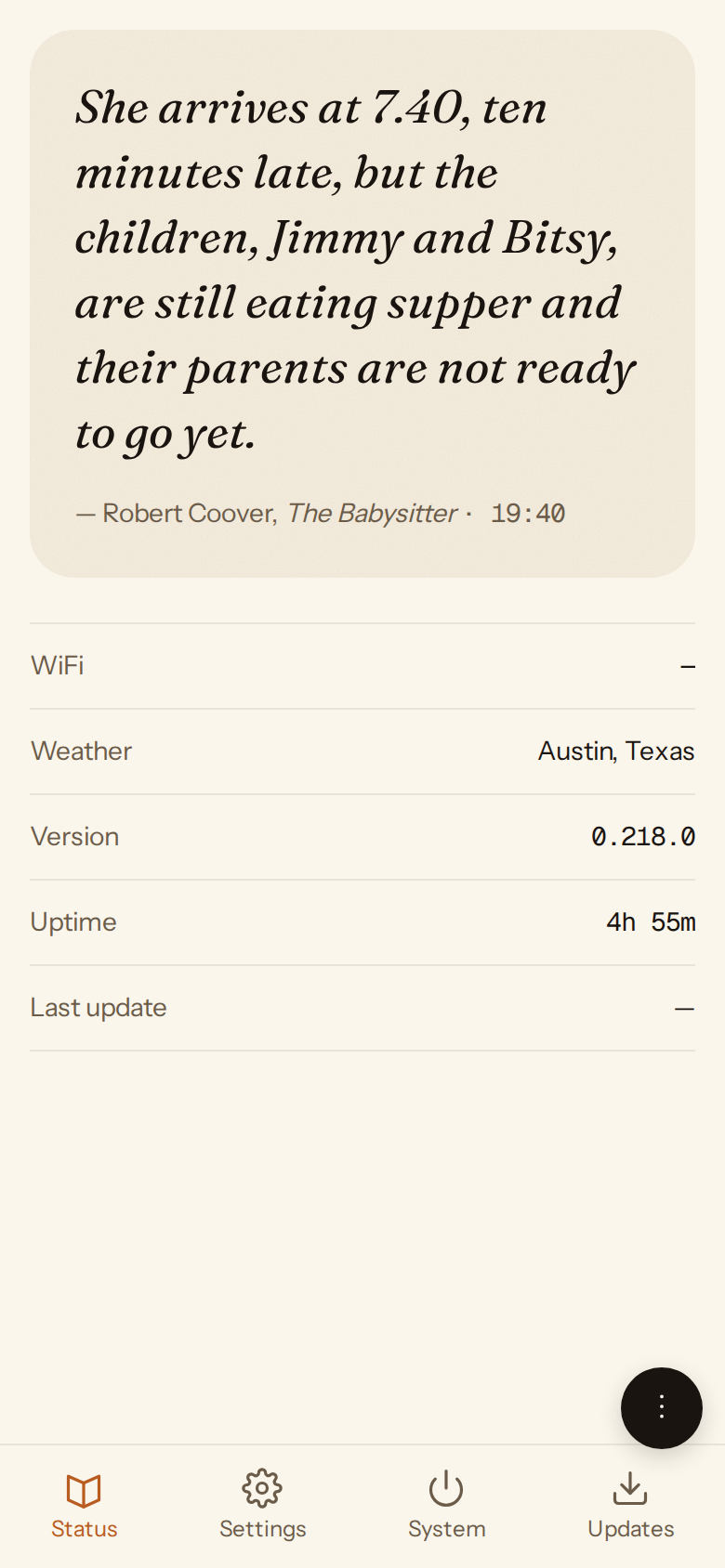 Status tab — current quote, weather, version