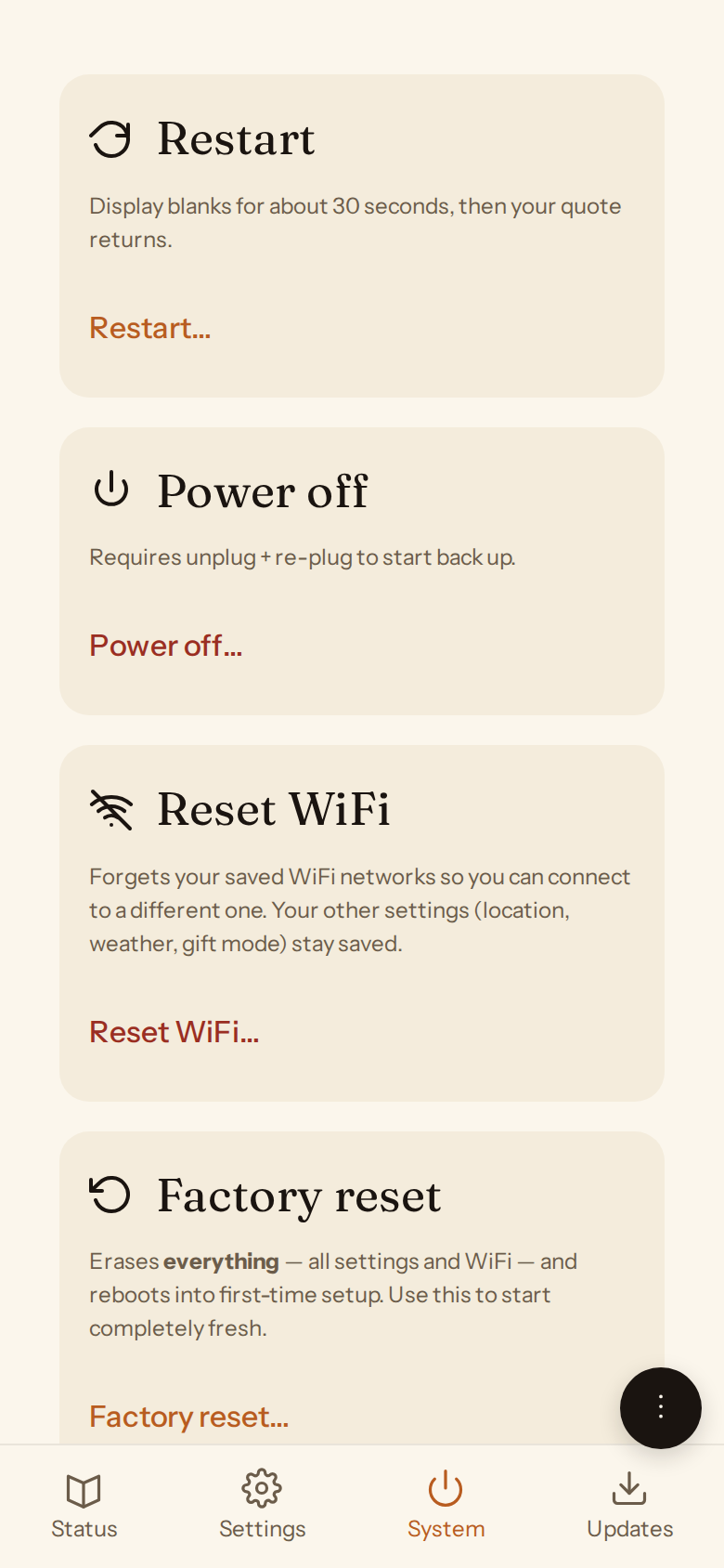 System tab — restart, reset WiFi, factory reset