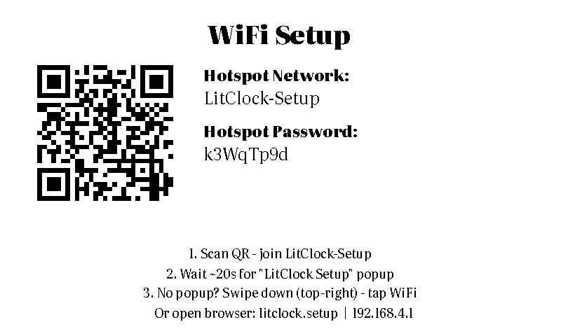E-ink WiFi Setup screen with hotspot name, password, and QR code