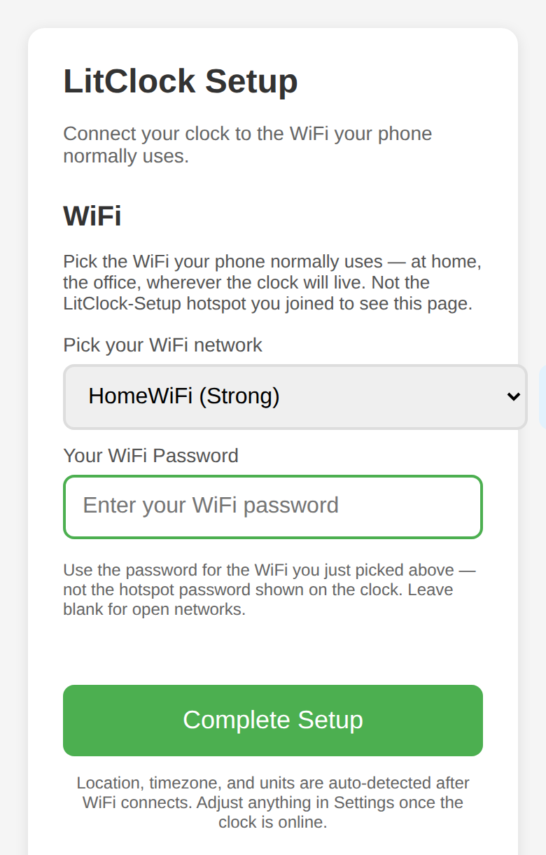 Hotspot portal: WiFi network picker, password field, Complete Setup button