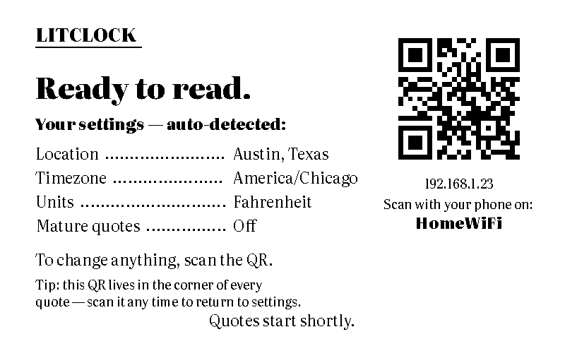 E-ink handoff splash with auto-detected settings and control-app QR