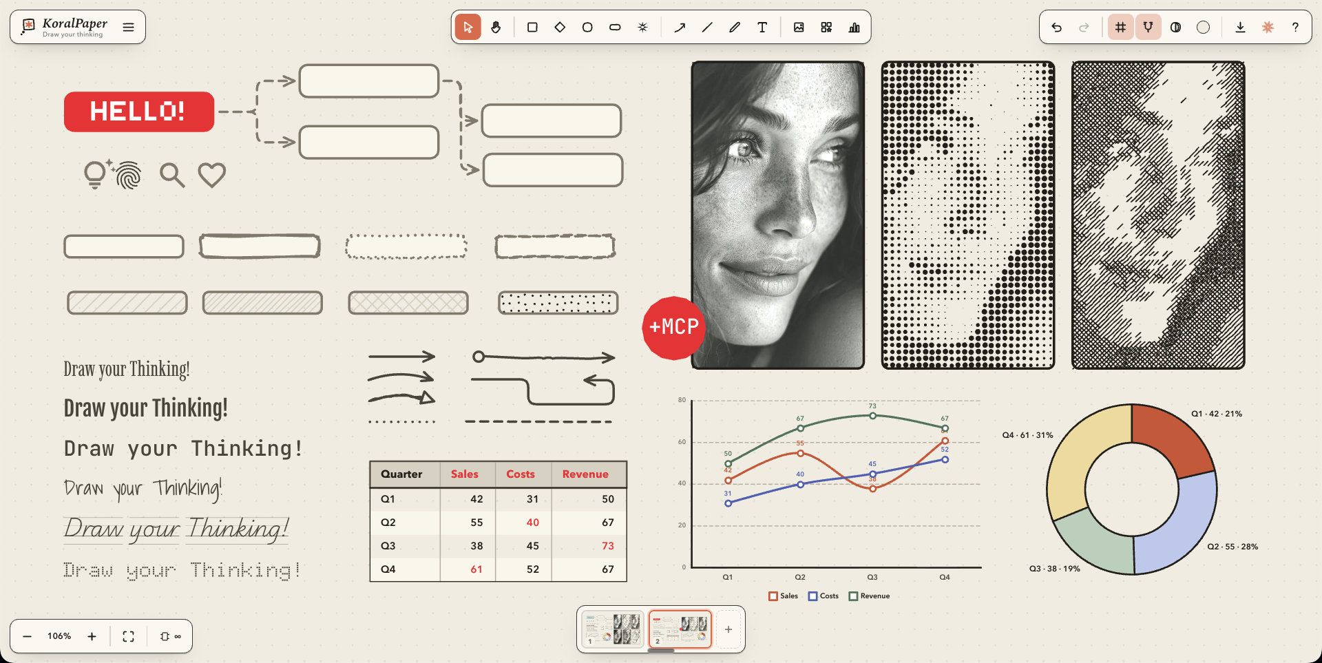 KoralPaper, the tour: wobbly shapes, glued arrows, Google fonts and icons, fill styles, and a photo turned into algorithmic art