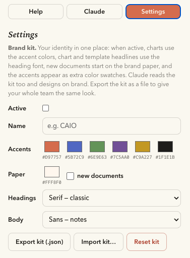 Brand kit settings and an on-brand chart