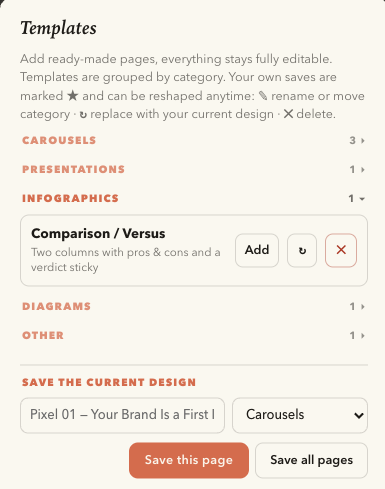The templates dialog with foldable categories
