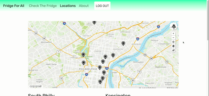 “A short video showing the location page for fridges with pin drops at their locations, as well as the page with general information about community fridges in Philadelphia"