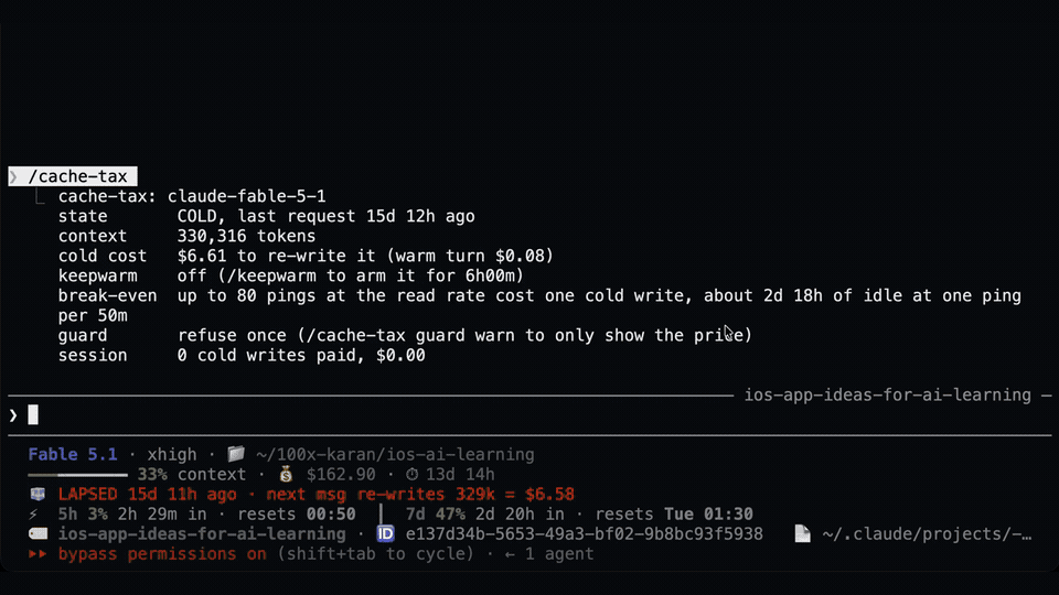 Real recording of cache-tax stopping a cold send with a $6.61 estimate
