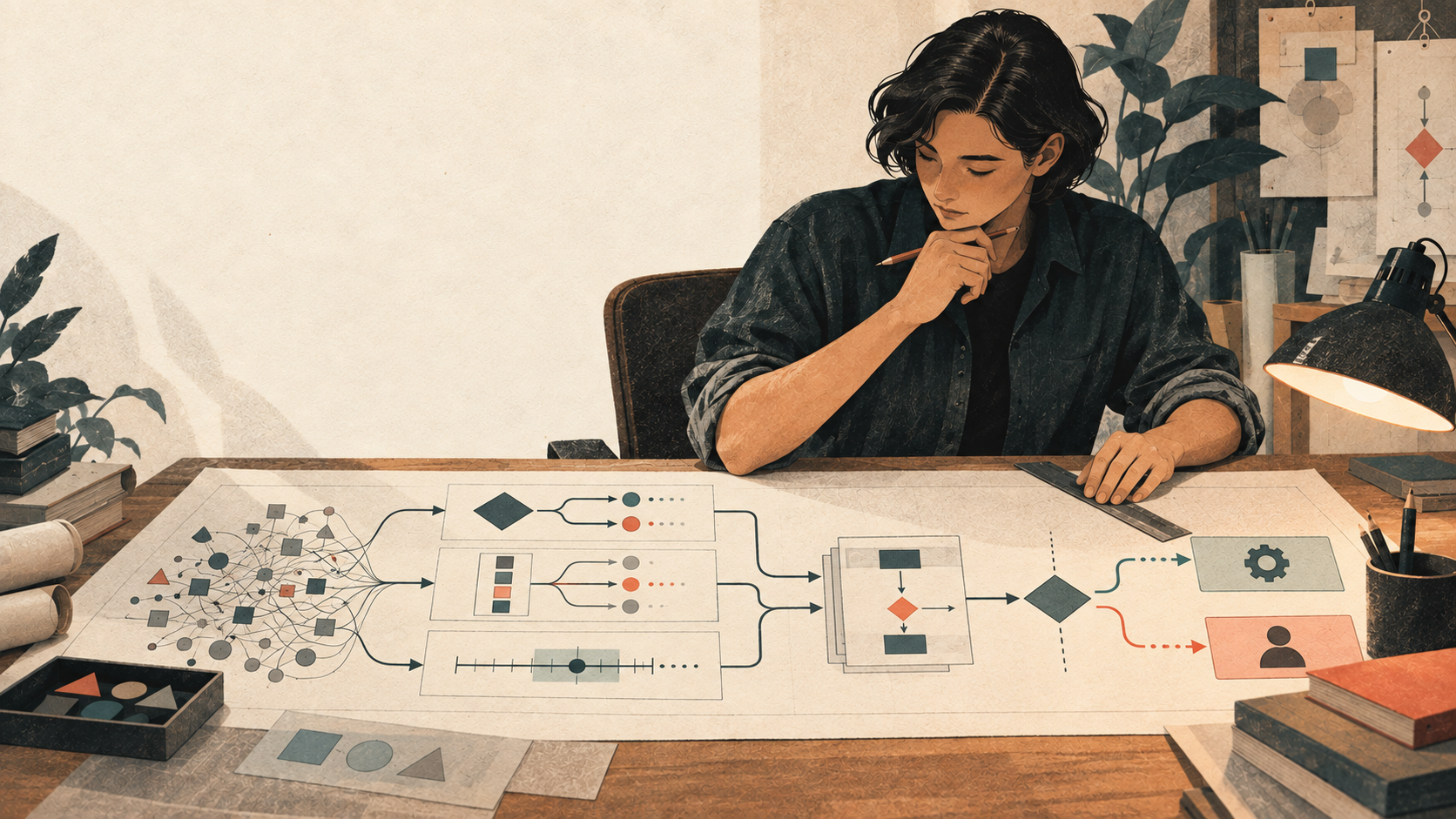 A systems architect maps a Jev decision workflow from messy state to automated action or human review.