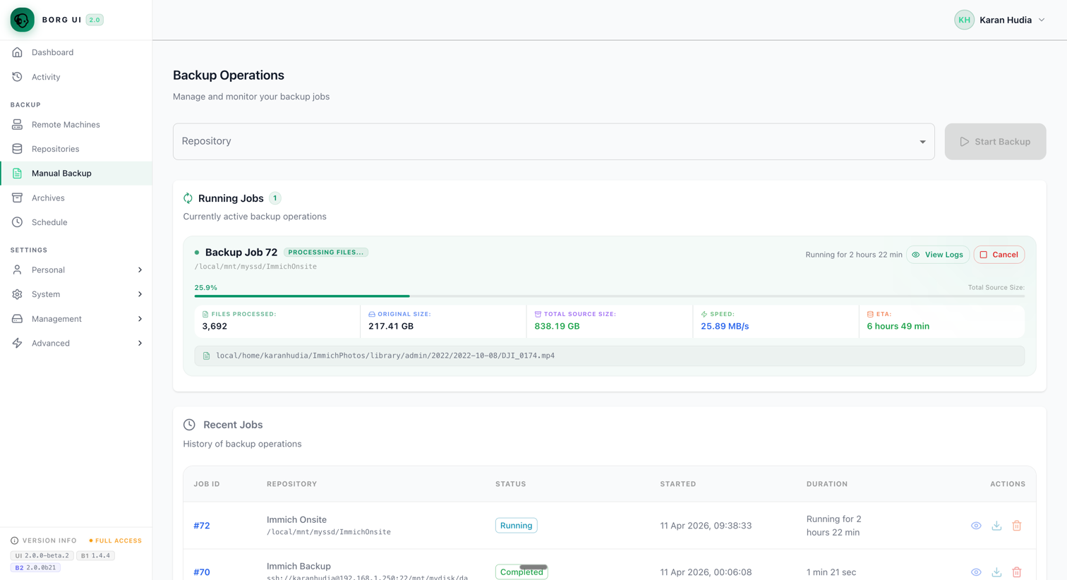 Live backup progress