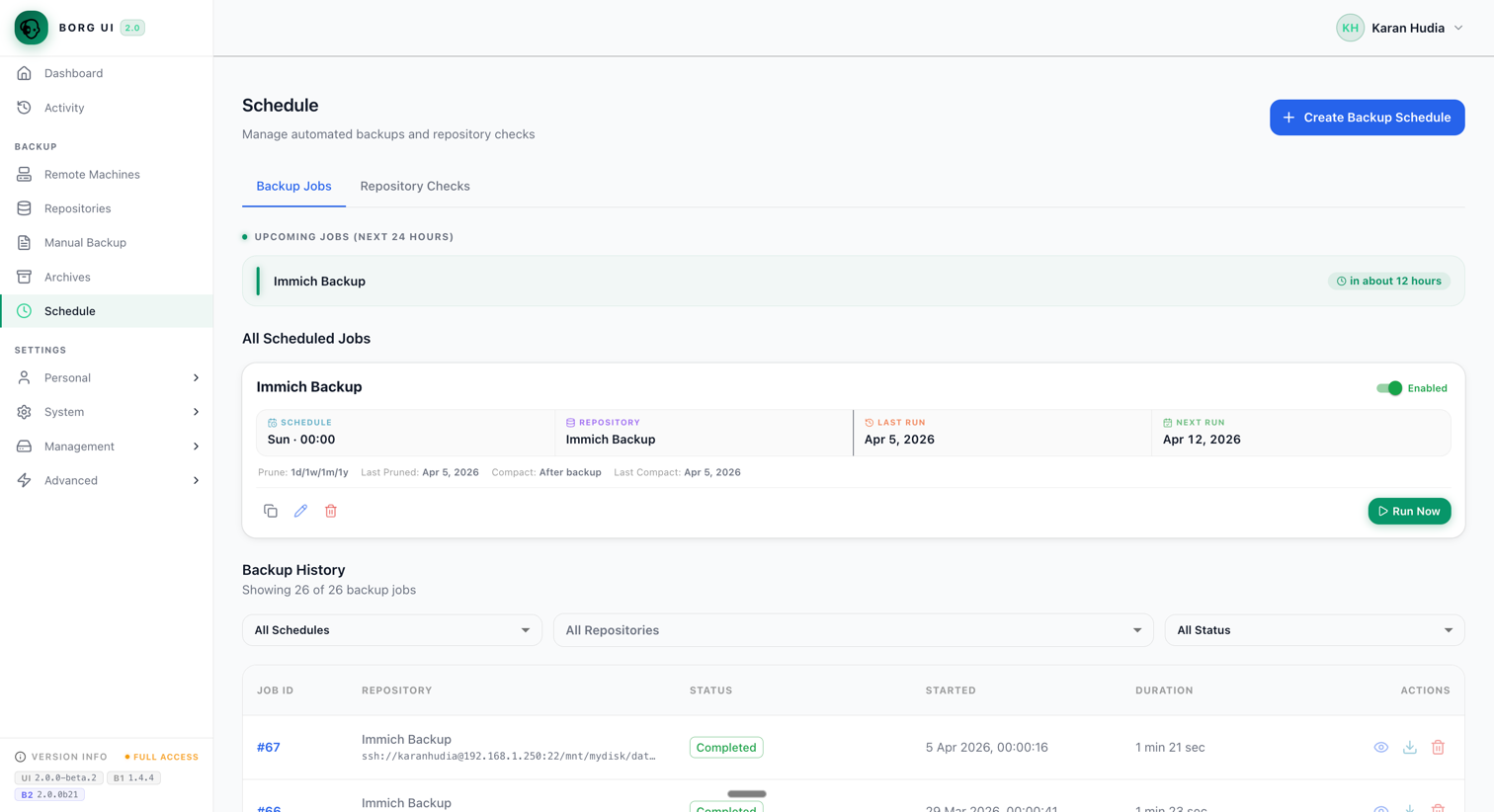 Backup schedule management