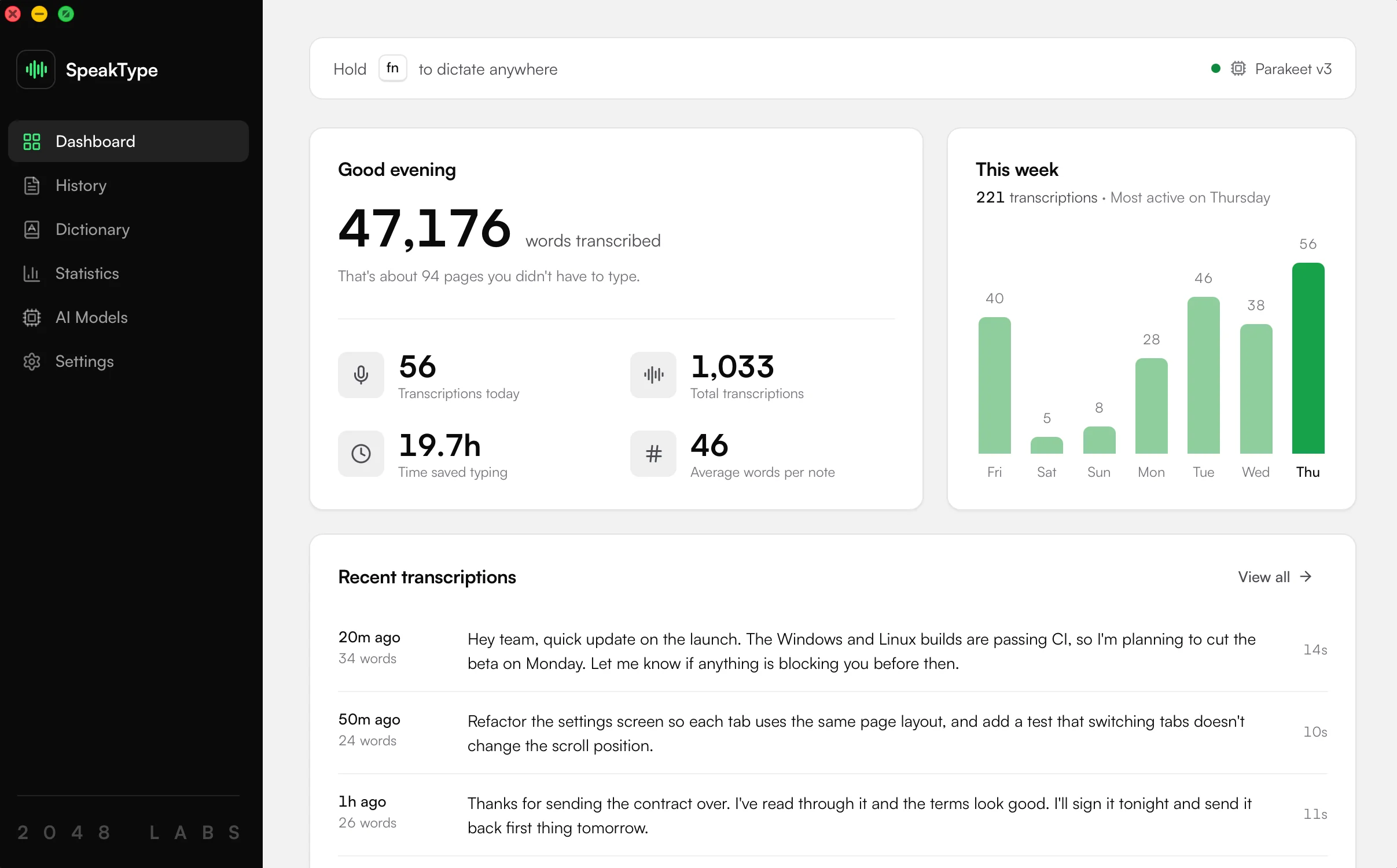 The SpeakType dashboard: 47,176 words transcribed, this week's activity and recent transcriptions