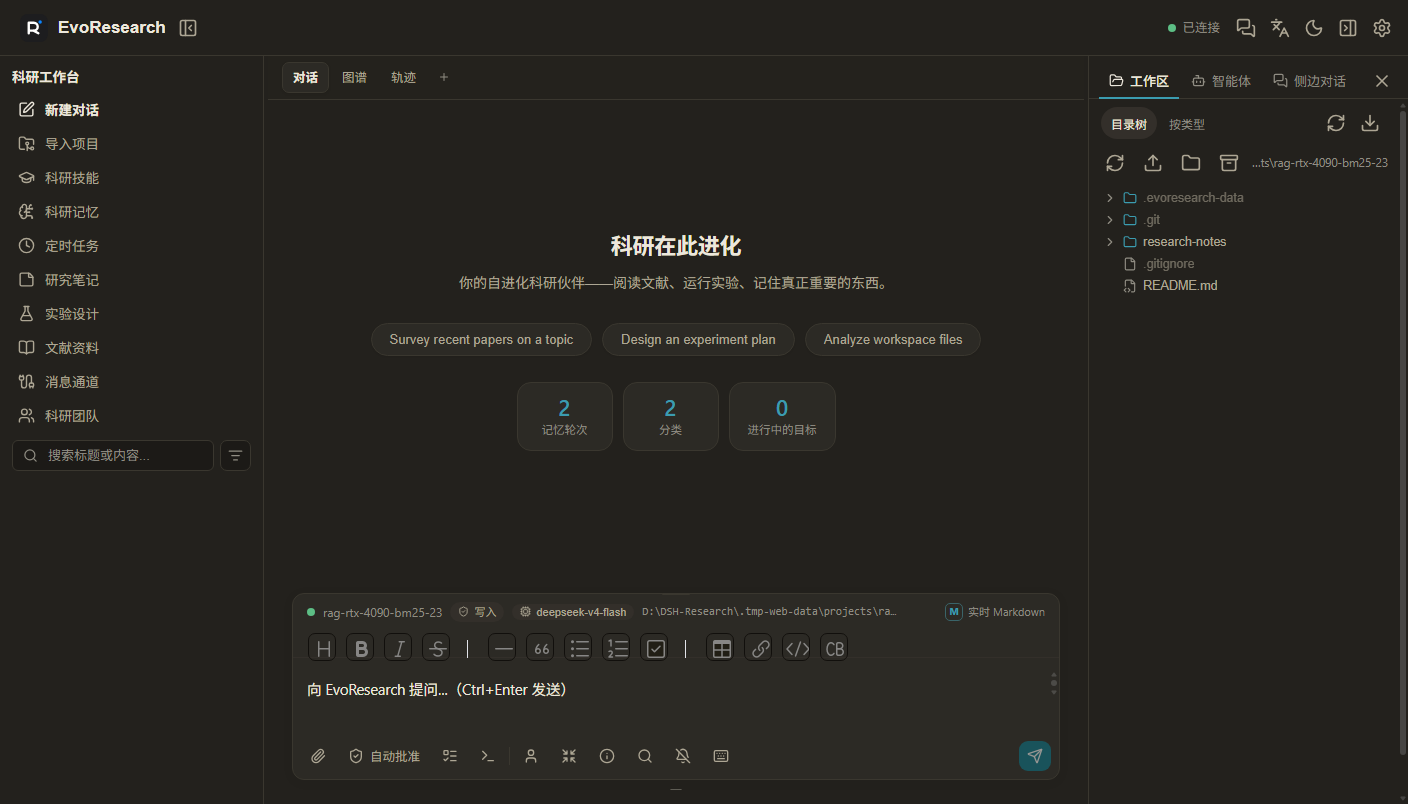 EvoResearch 深色主题工作台，左右侧栏同时打开