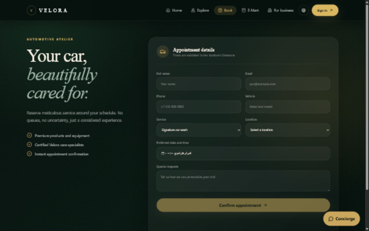 Velora booking workflow