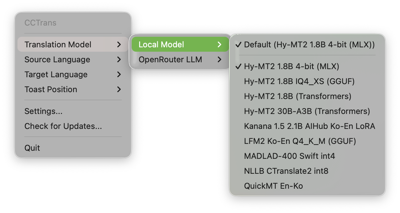 Menu bar menu: Translation Model submenu with local models (Hy-MT2, Kanana, NLLB, ...) and OpenRouter LLM choices