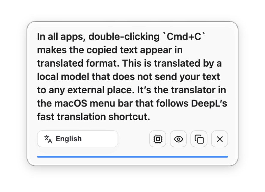 Translation toast: copied text translated to English by the local model, with language badge and copy/settings actions