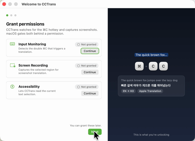 CCTrans onboarding flow: choose a translation model, grant macOS permissions, and complete the Try It translation test