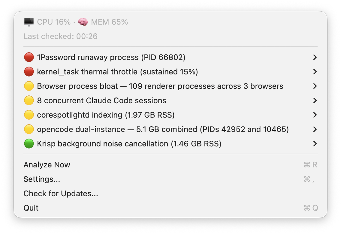 Mac Optimizing Looper menu — ranked, severity-colored fixes
