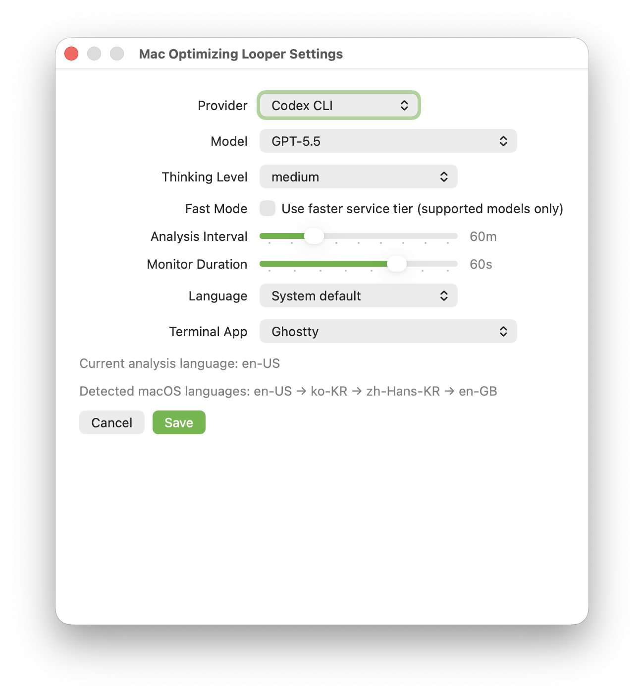 Mac Optimizing Looper Settings — provider, model, language, interval