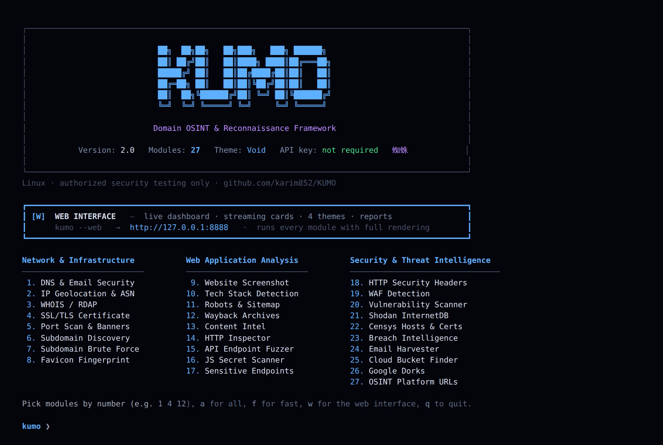 Kumo CLI home screen