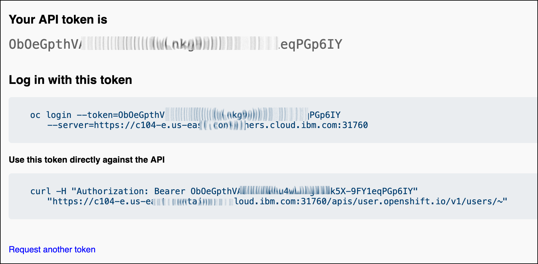 clicking on display token link reveals your oc login command