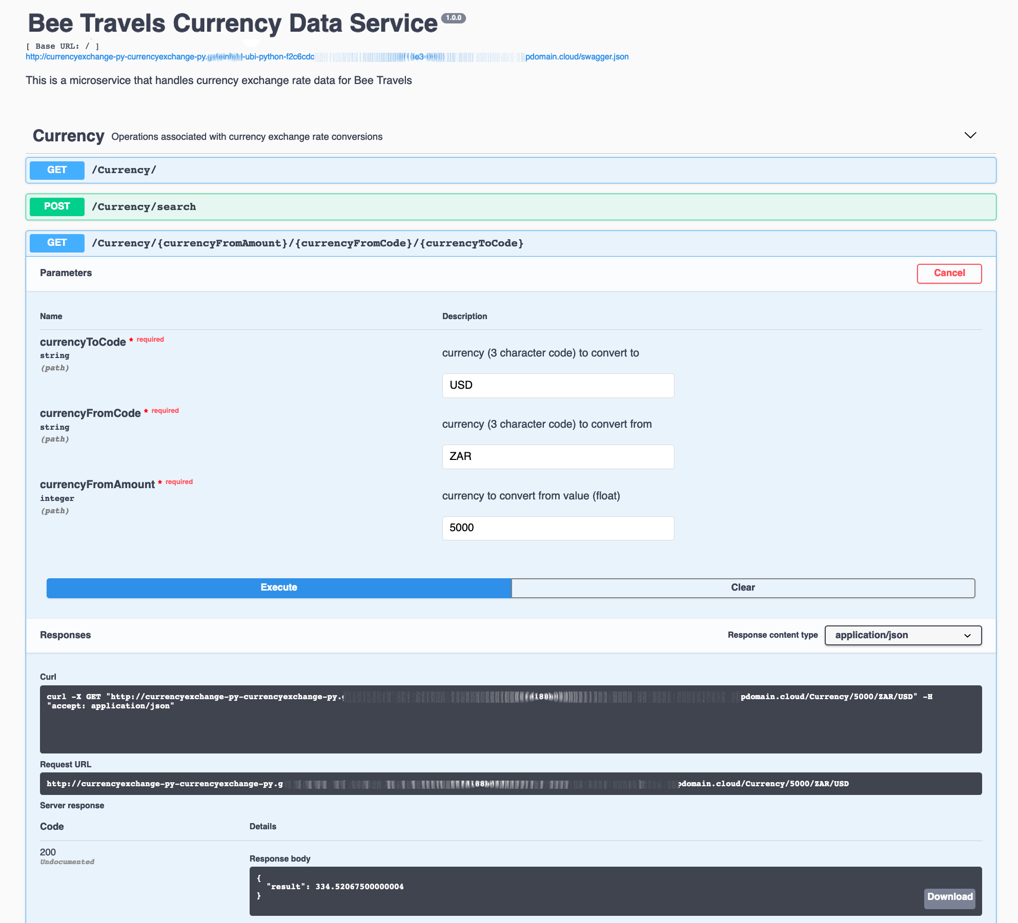 OpenShift url shows swagger and exchange rate conversion executes as expected