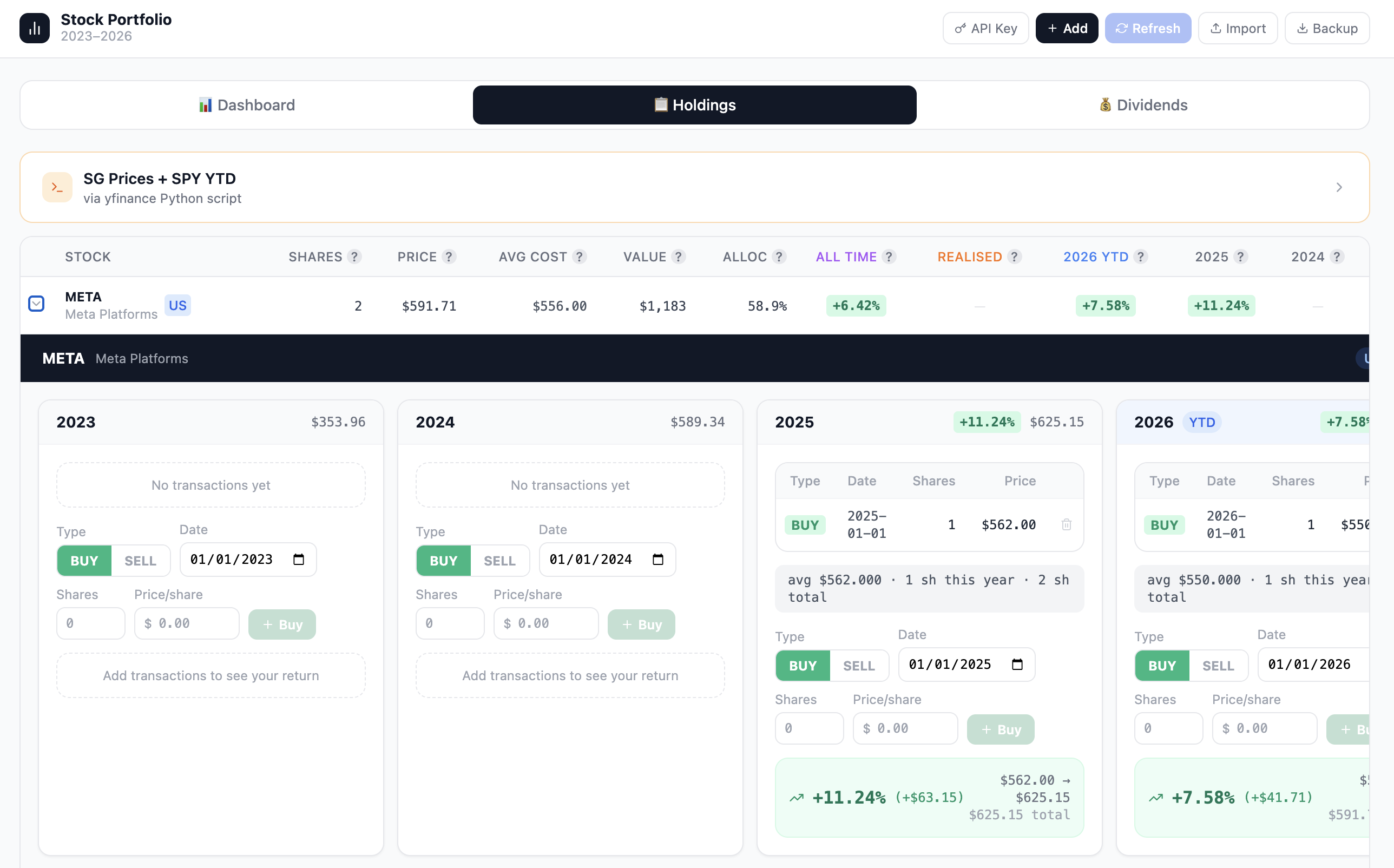 Investment dashboard screenshot