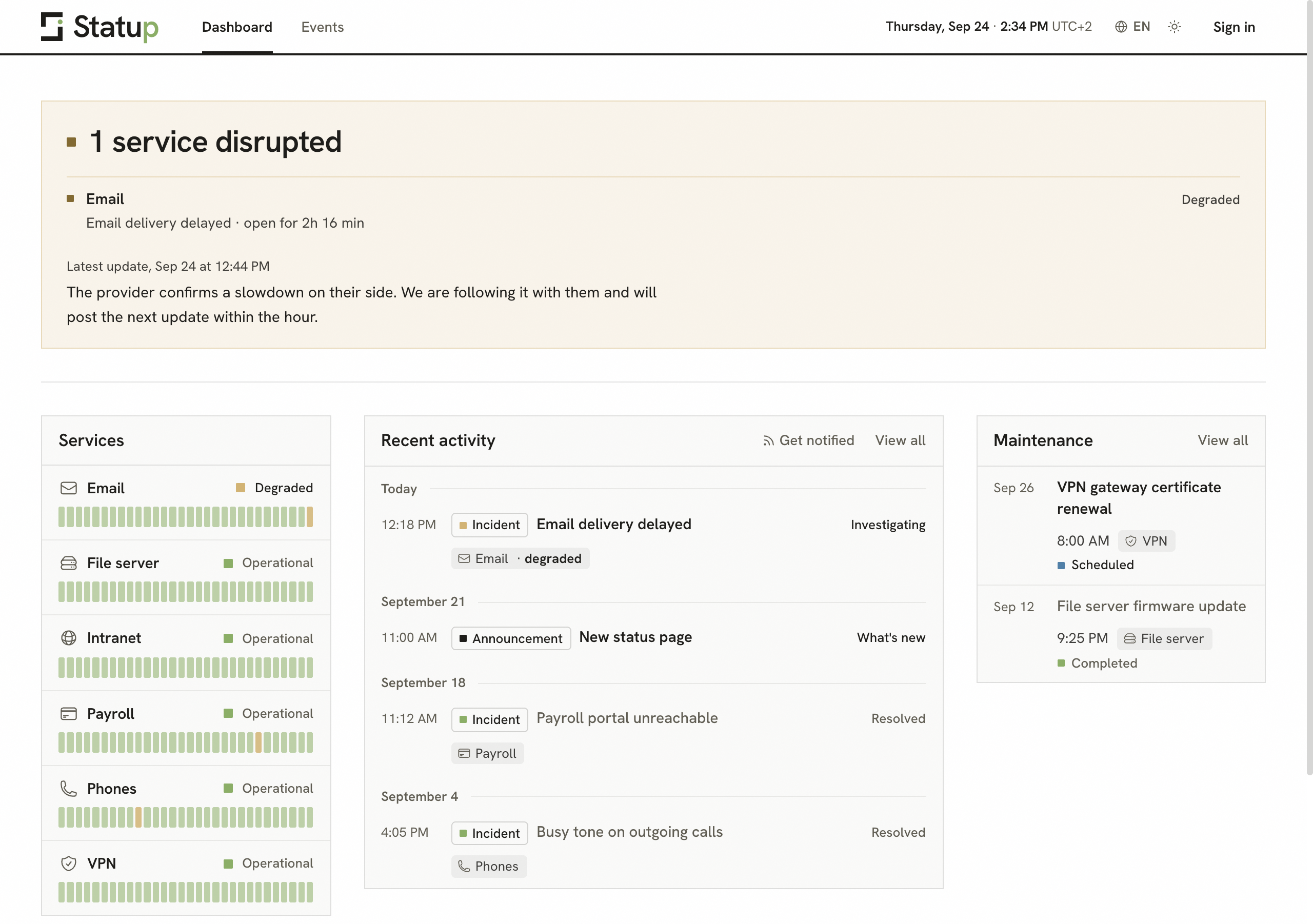 The status page: a banner saying one service is disrupted, with the incident and its latest update, then the services with thirty days of availability, the recent activity and the maintenance schedule