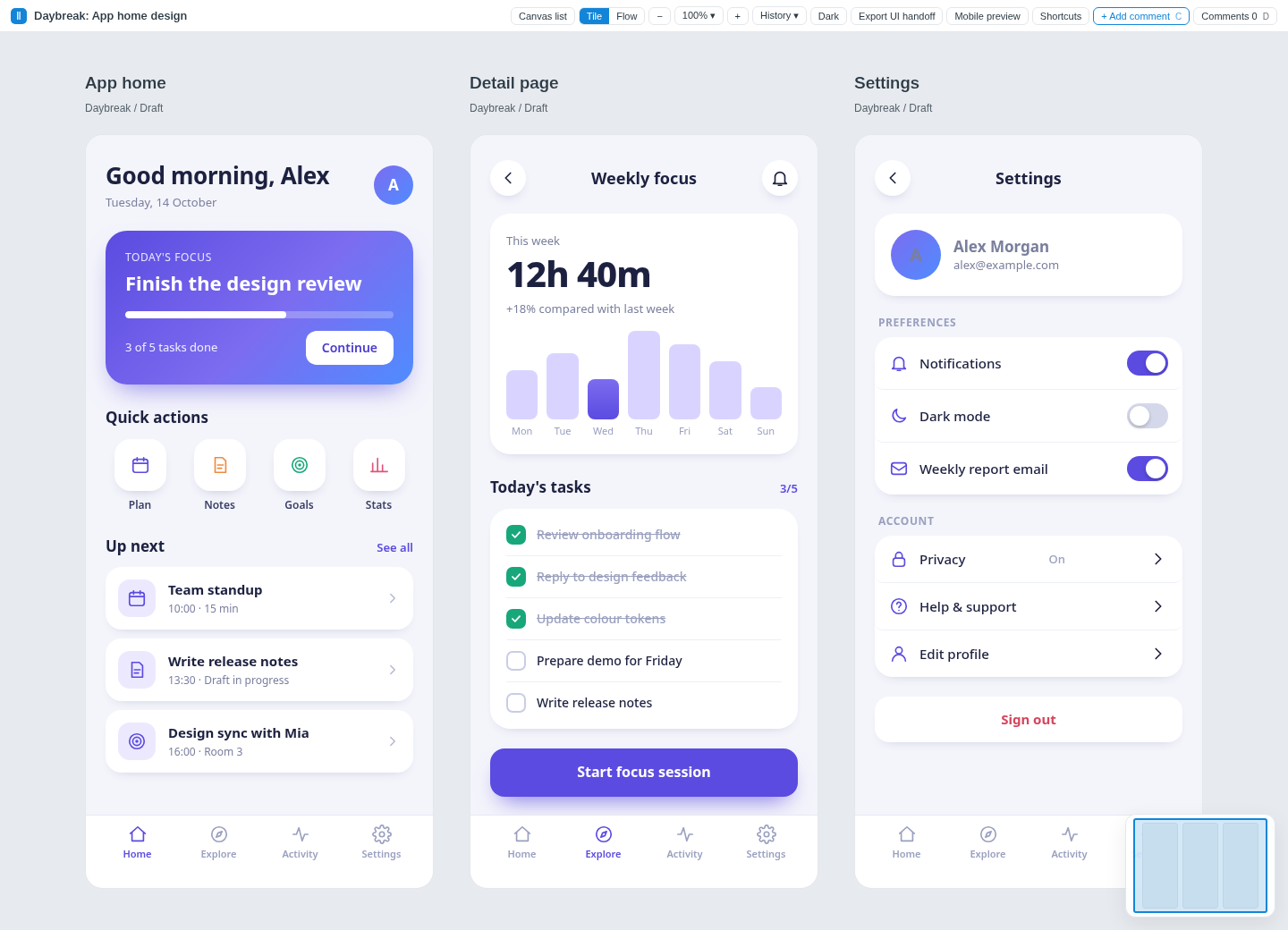 Canvas page showing three app screens: home, detail and settings