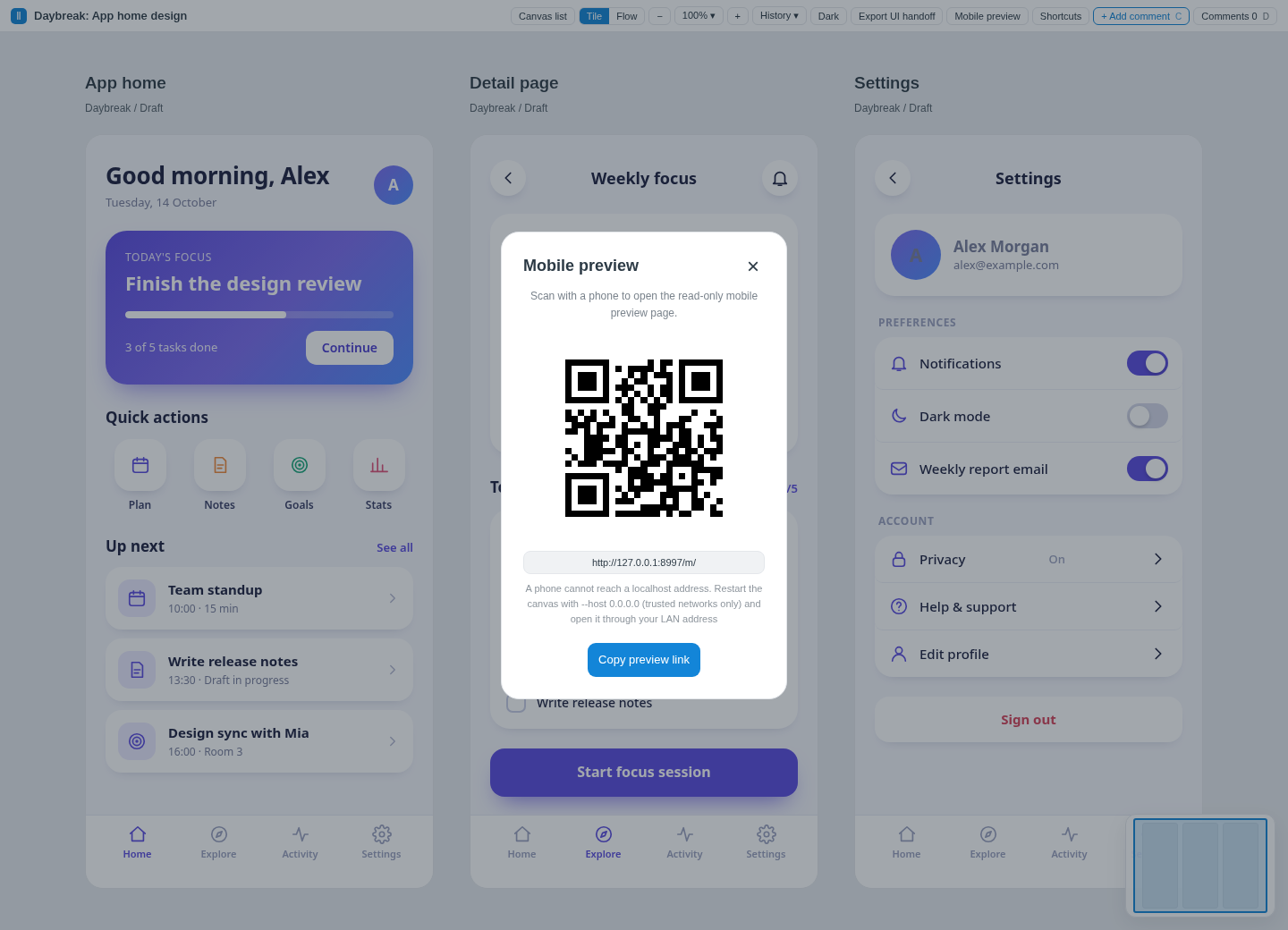 Mobile preview dialog with QR code and link
