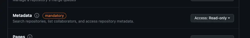 Screenshot of GitHub fine-grained personal access token form, showing the Metadata setting