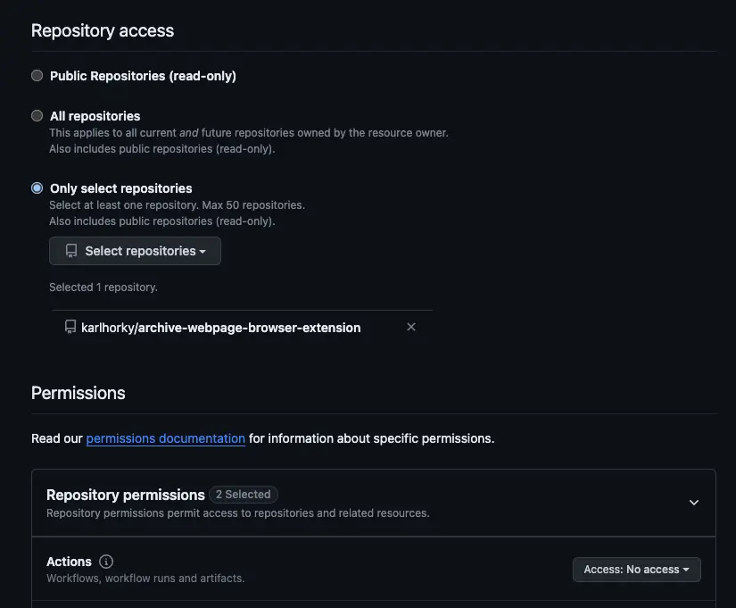 Screenshot of GitHub fine-grained personal access token Repository Access form, showing the `karlhorky/archive-webpage-browser-extension` selected as the single repository with access