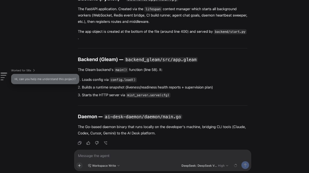 Session navigator: packed left-edge dashes, Worked-for duration, and a prompt bubble over the conversation